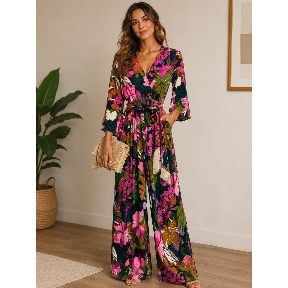 Vintage 1960s Tropical Floral Wide Leg Pallazzo Pant Jumpsuit  S/M Retro